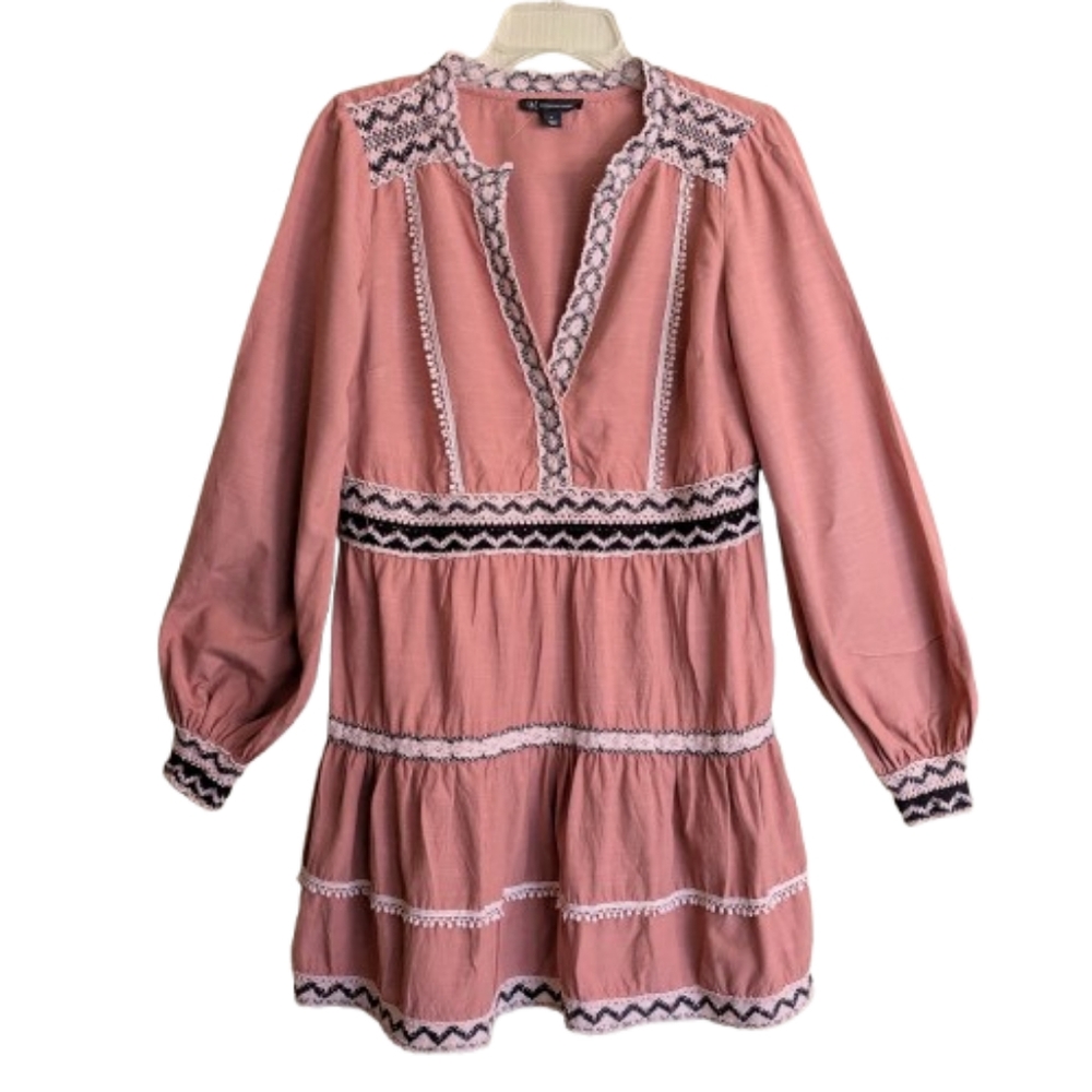 INC Tiered Dress Boho Babydoll Crochet Trim Long Sleeves